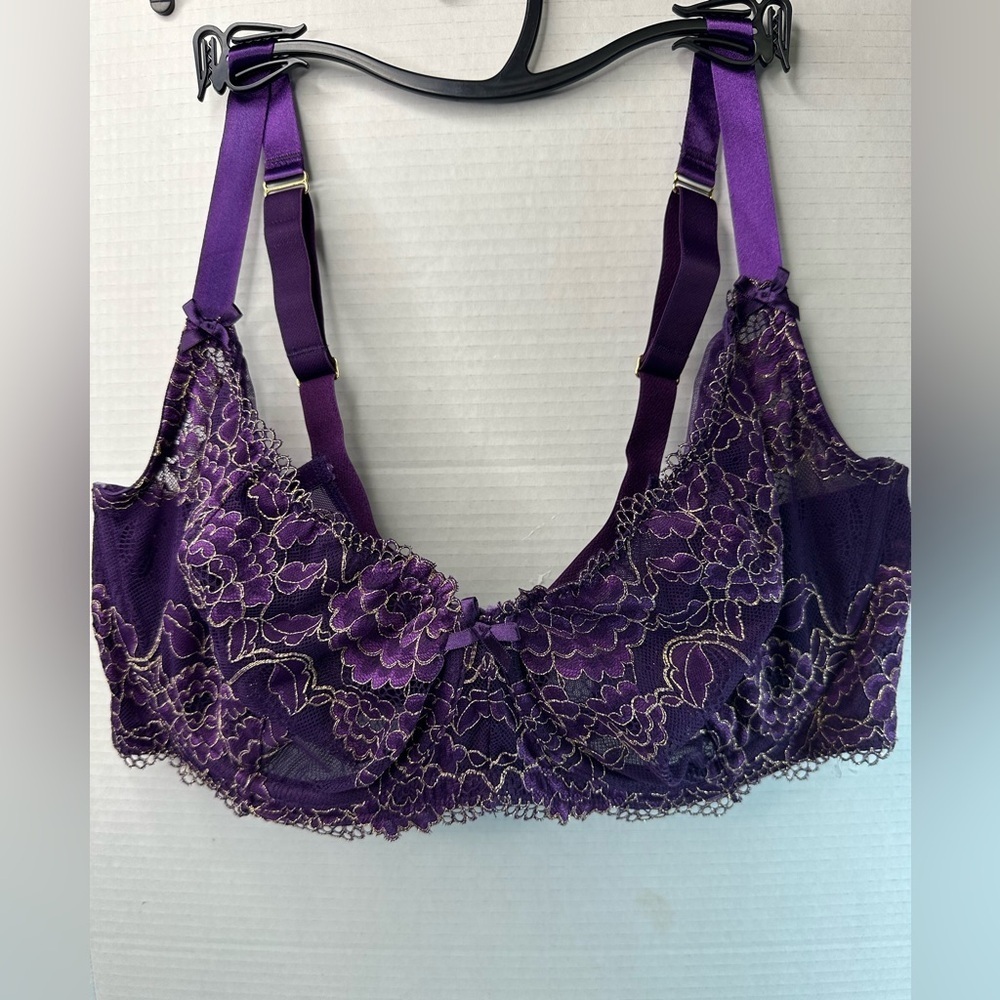 Purple floral corset side metallic lace unlined plus size balconette bra